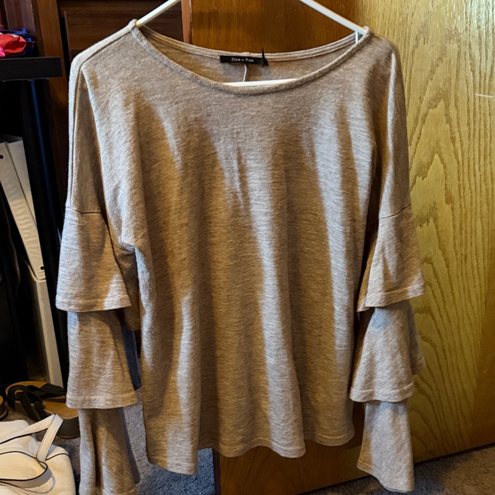 Doe & Rae Taupe Long Sleeve Ruffle Top